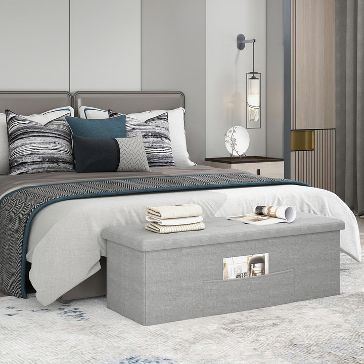Giantex 43 Inches Folding Storage Ottoman Bench Upholstered Storage Chest with Side Pocket