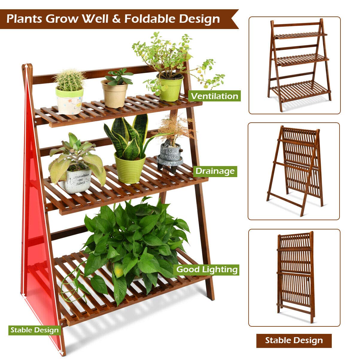 Giantex 3 Tier Folding Storage Shelf, Bamboo Ladder Plant Stand