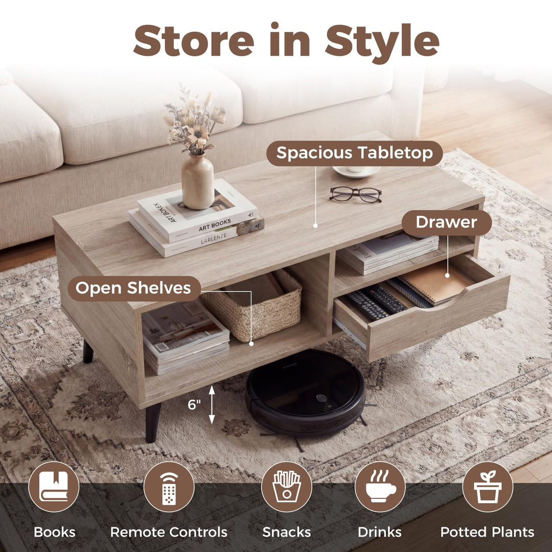 Giantex Wood Coffee Table with Storage Drawer 36.5 Inch Rustic Center Table