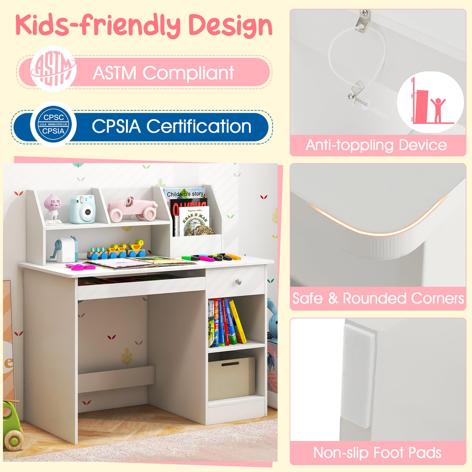 Giantex Kids Study Desk, Children Wooden Writing Table with Hutch