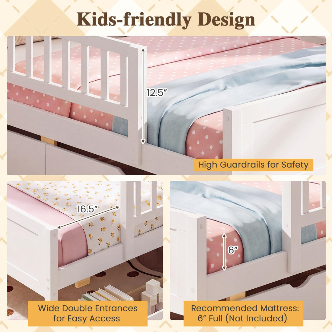 GIANTEX Full/Twin Size Bed Frame with 2 Storage Drawer &amp; Guardrails for Kids