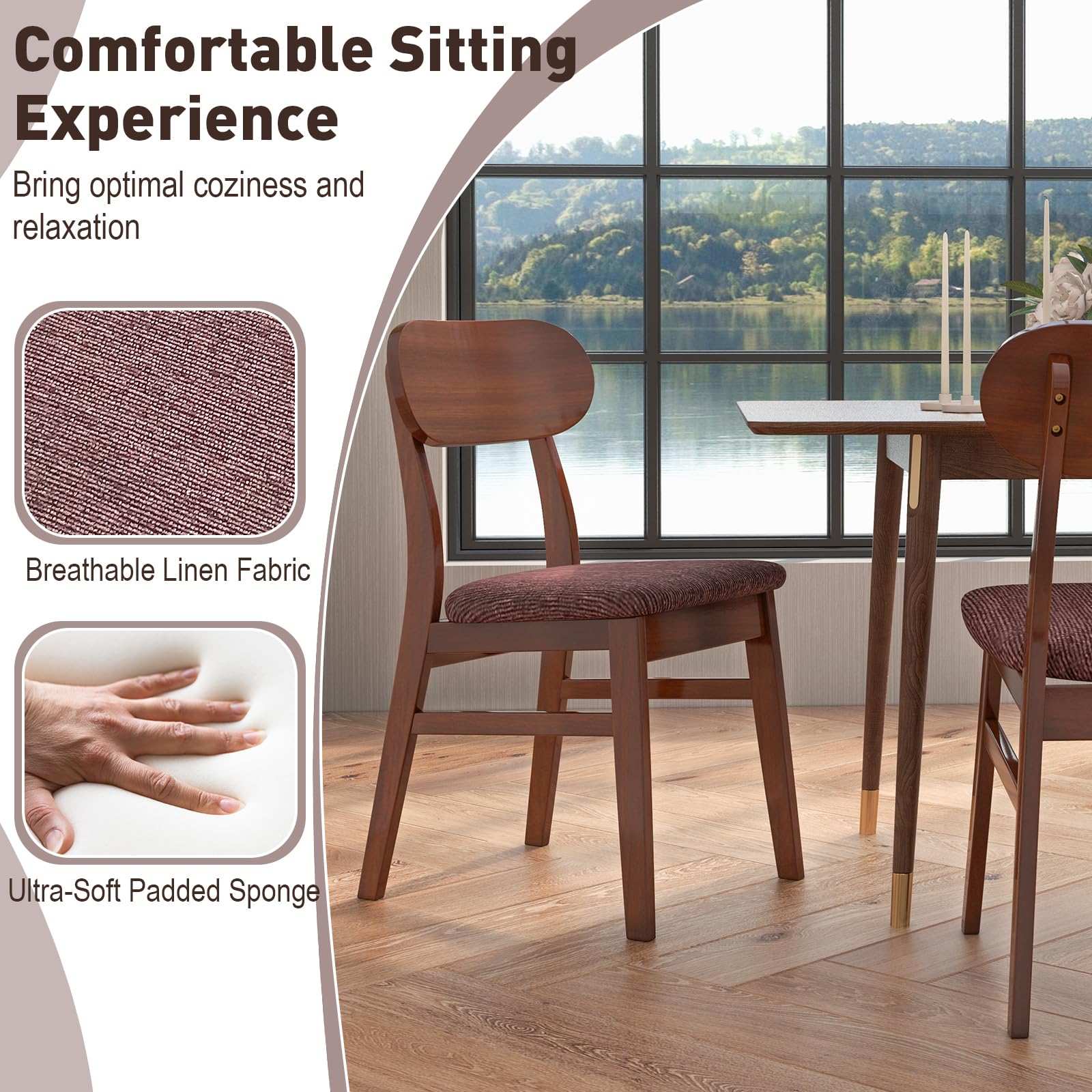 Giantex Wooden Dining Chairs Set of 4 Walnut, Farmhouse Kitchen Chairs with Padded Seat