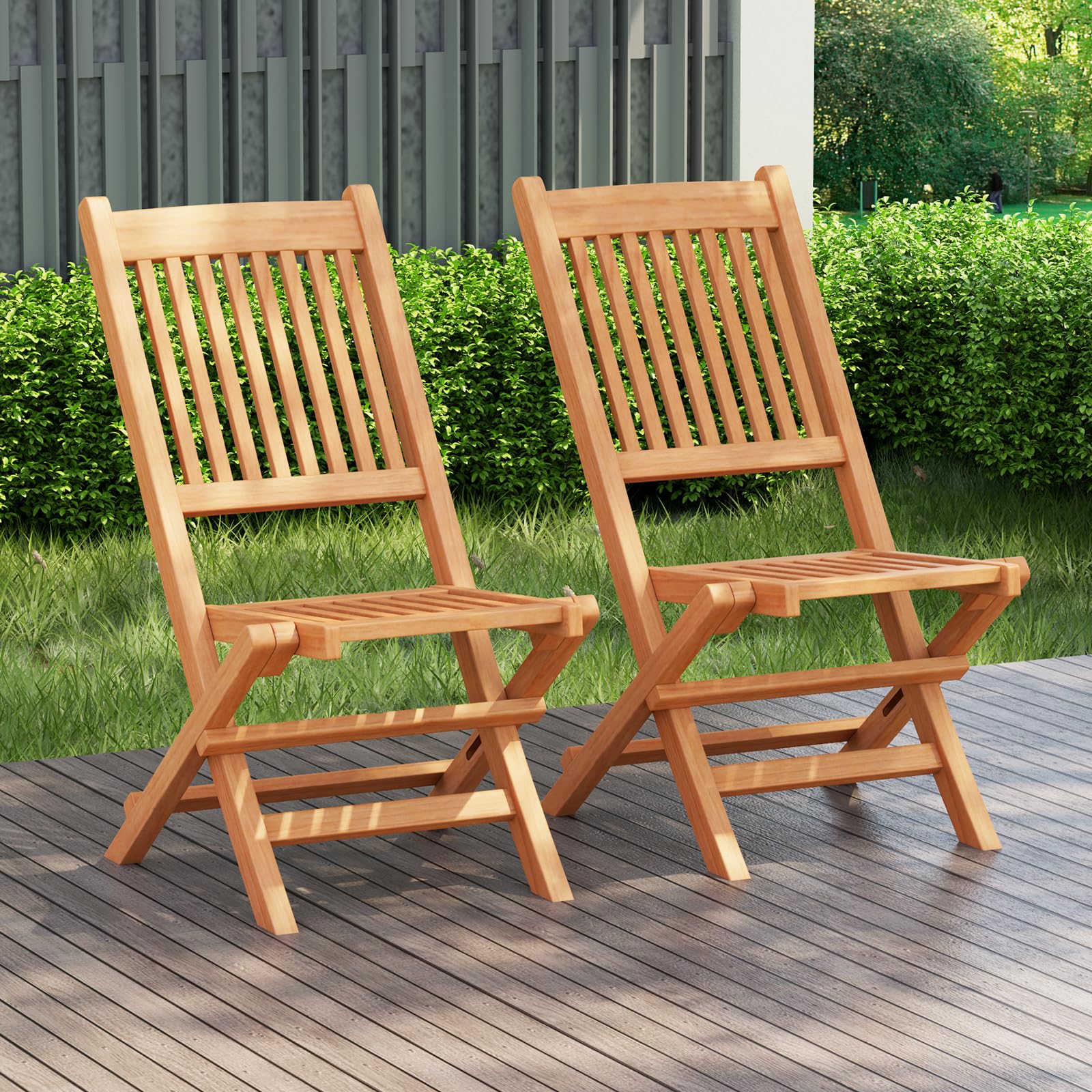 Giantex Patio Folding Chairs, Solid Teak Wood Outdoor Chairs with Slatted Seat & Back