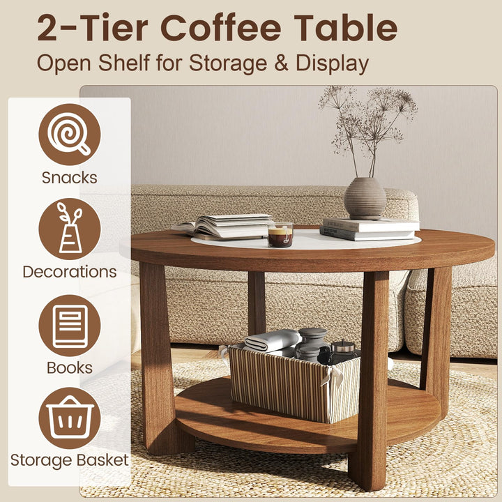 Giantex 2-Tier Round Farmhouse Living Room Coffee Table with 2-Tone Tabletop