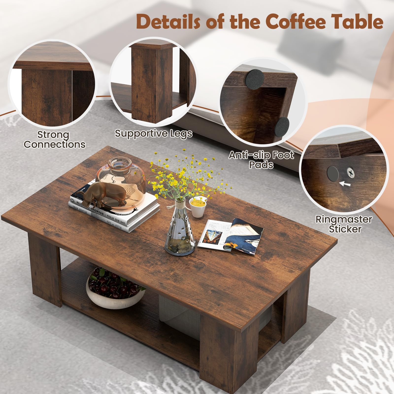 Giantex Rectangle Wood Center Table, 41" L 2-Tier Large Modern Tea Table w/Open Compartment