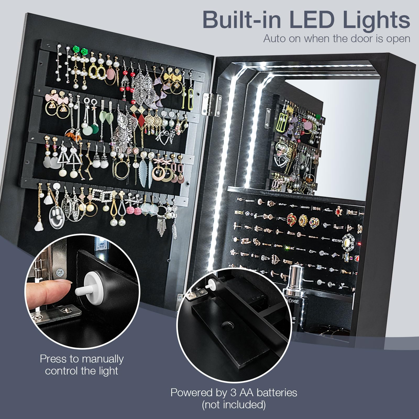 Jewelry Cabinet with LED Light Strip, Black - Giantex