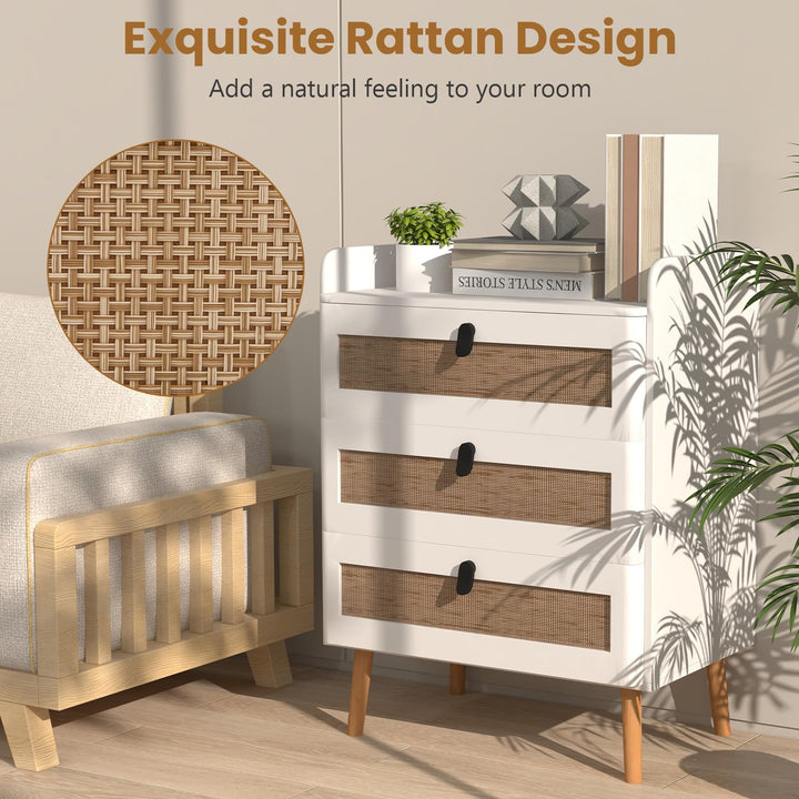 Giantex Rattan Nightstand, Boho 3-Drawer Dresser with 4 Solid Wood Legs