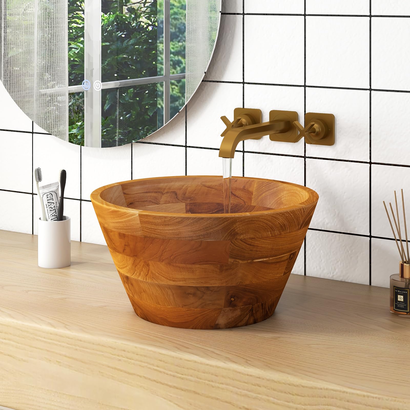 Giantex Teak Wood Vessel Sink - Bathroom Washbasin with Smooth Finish, Round Corner (16” x 16” x 8”)