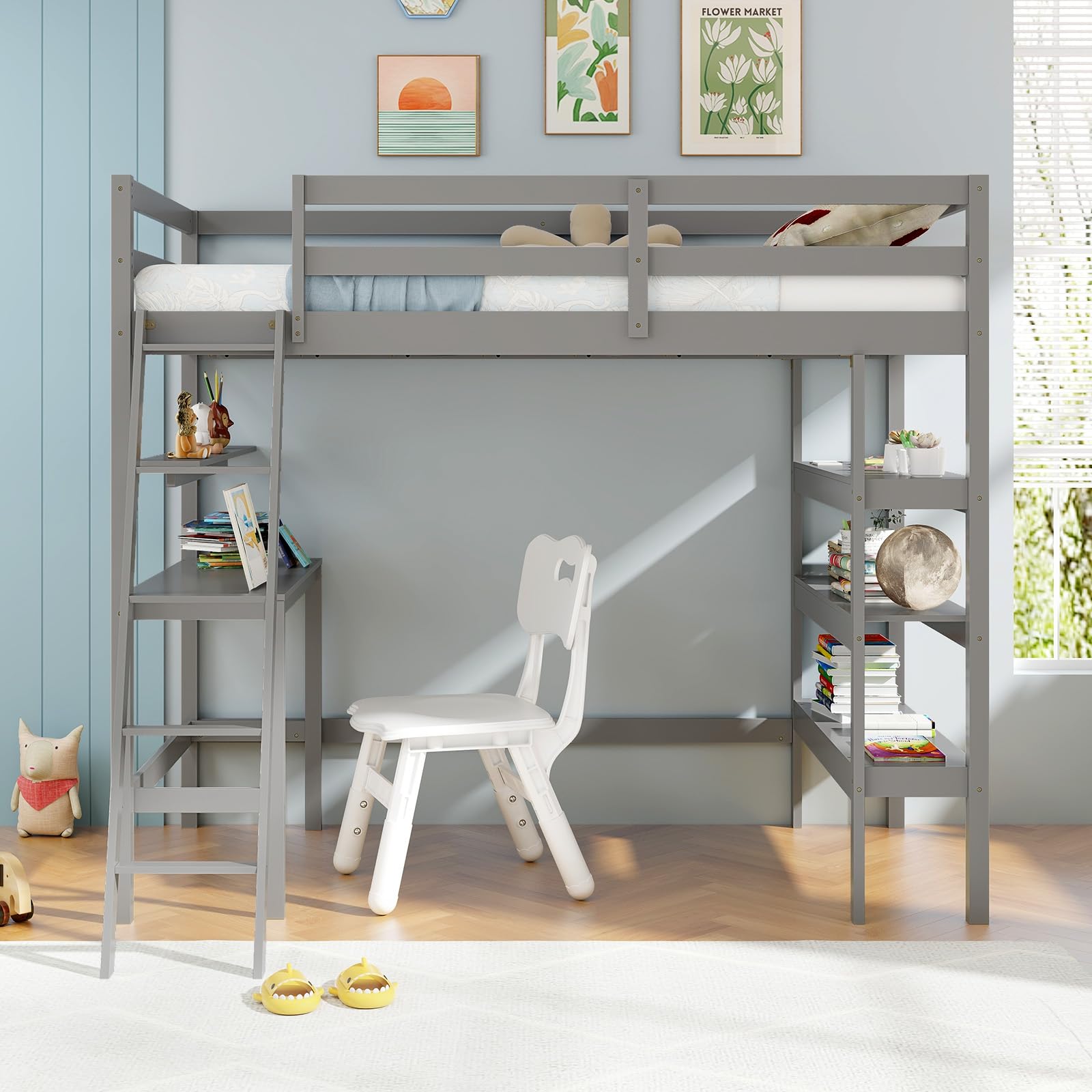 Giantex Loft Bed with Desk & Bookshelves