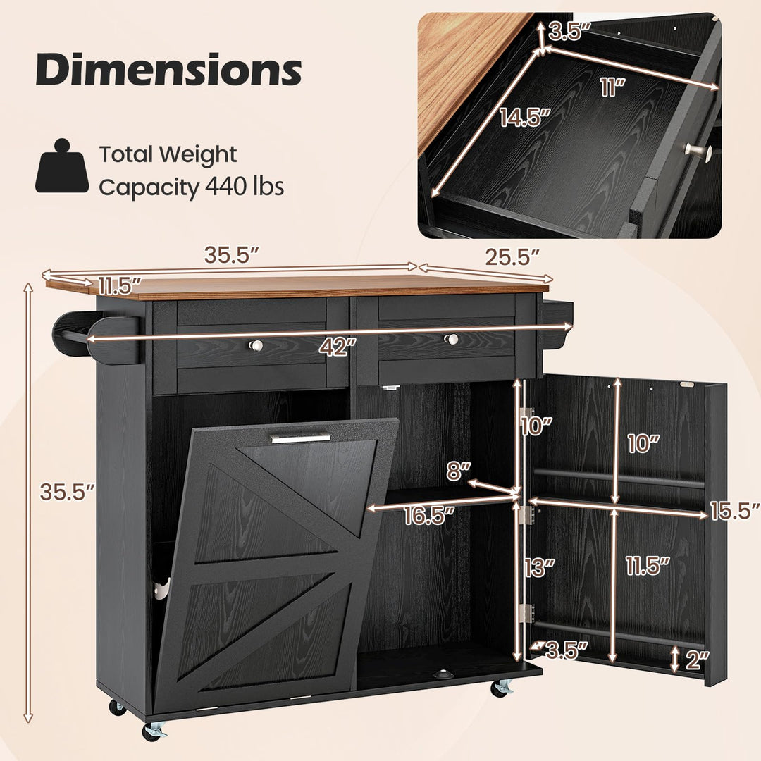 Giantex Kitchen Island Cart with Hidden Tilt Out Trash Can Cabinet, Drop Leaf, 2 Drawers, Towel Rack