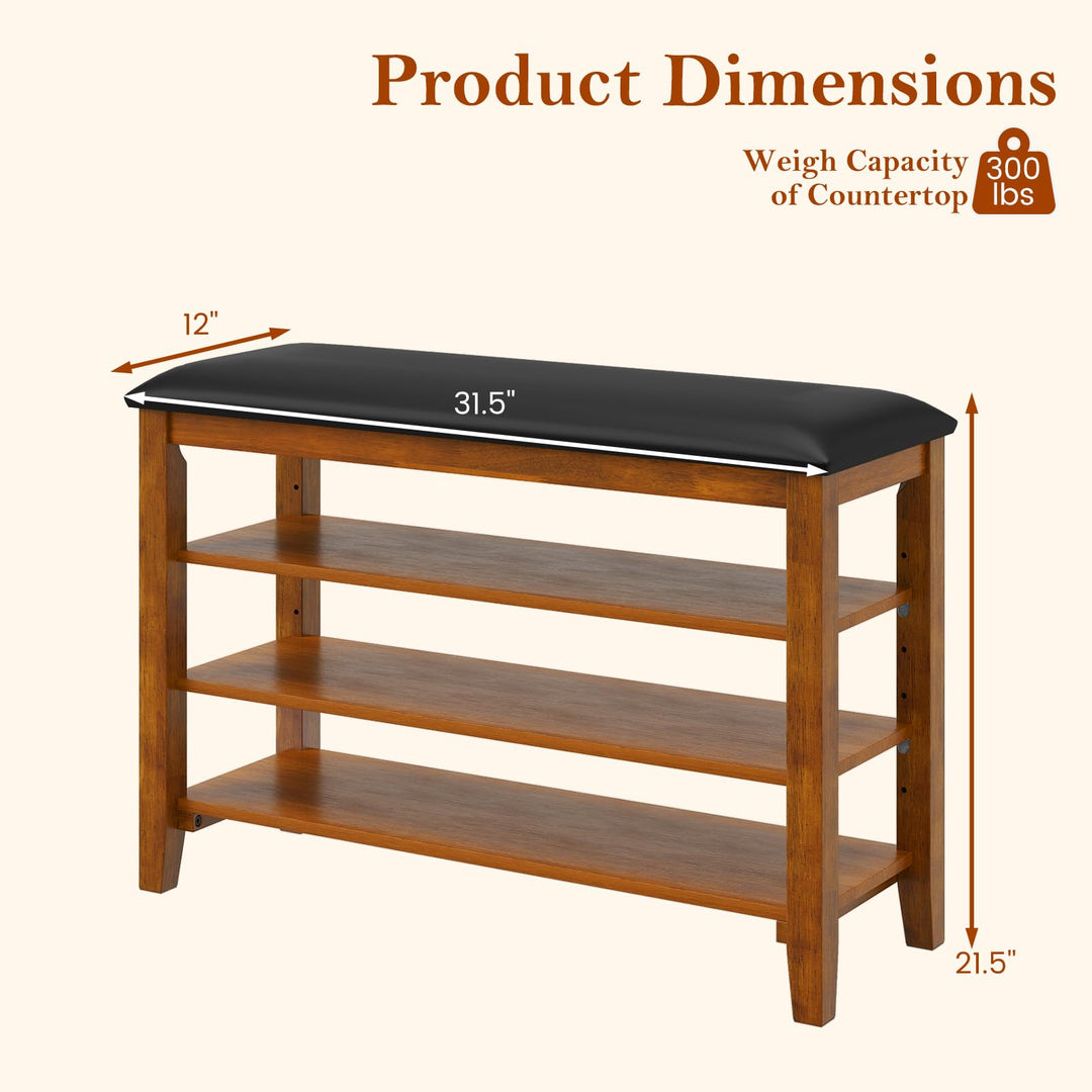 Giantex 4-Tier Shoe Rack Bench | Rubber Wood Entryway Bench with Adjustable Shelves