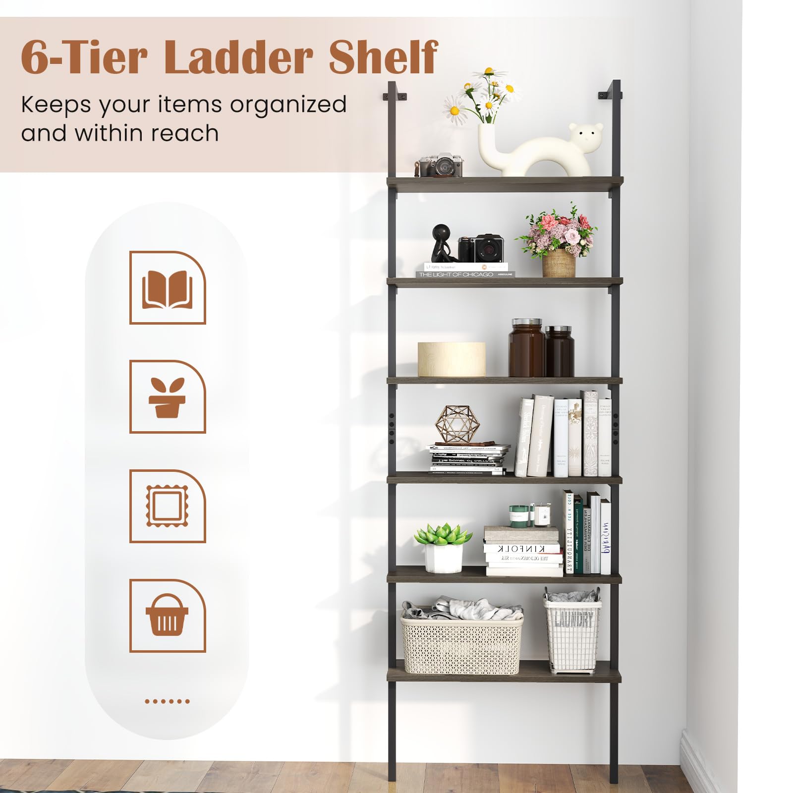 Giantex 6-Tier Ladder Shelf, 72" Wall Mounted Bookshelf with Metal Frame, Industrial Open Storage Shelves