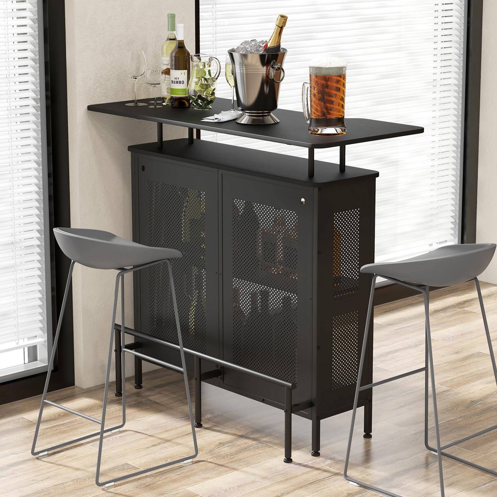 Giantex 4-Tier Home Bar Unit, Home Bar Cabinet w/ 2 Wine Storage Shelves & 6 Stemware Holders, Black