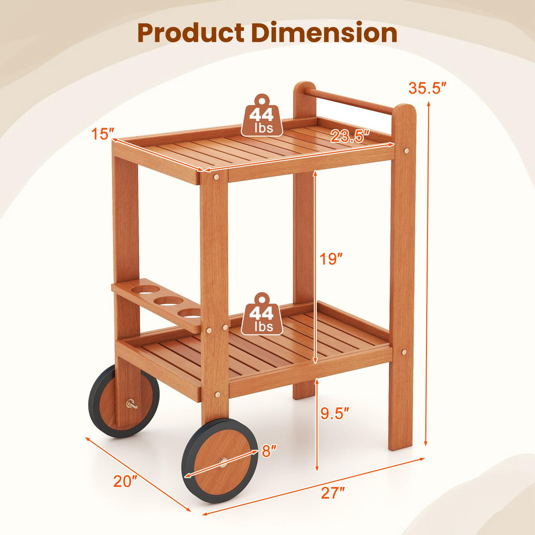Giantex Wood Bar Cart, 2 Tier Side Table with Large Wheels & Wine Bottle Rack