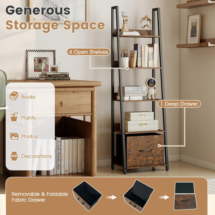 Giantex 5-Tier Industrial Ladder Bookshelf with Removable Fabric Drawer (1/2)