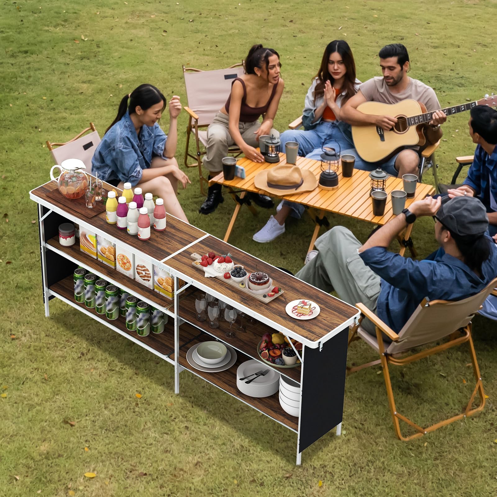 Giantex Extra Long Portable Bar Table with 2 Tier Storage Shelves
