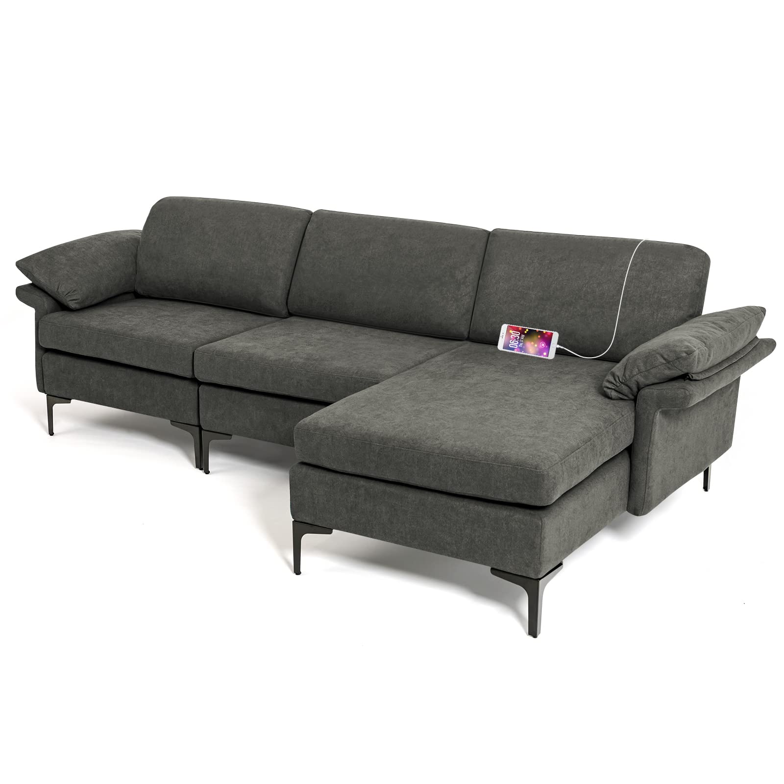 Giantex 100.5" L Convertible Sofa Couch, 3-Seat Sectional Sleeper with USB Ports & Socket