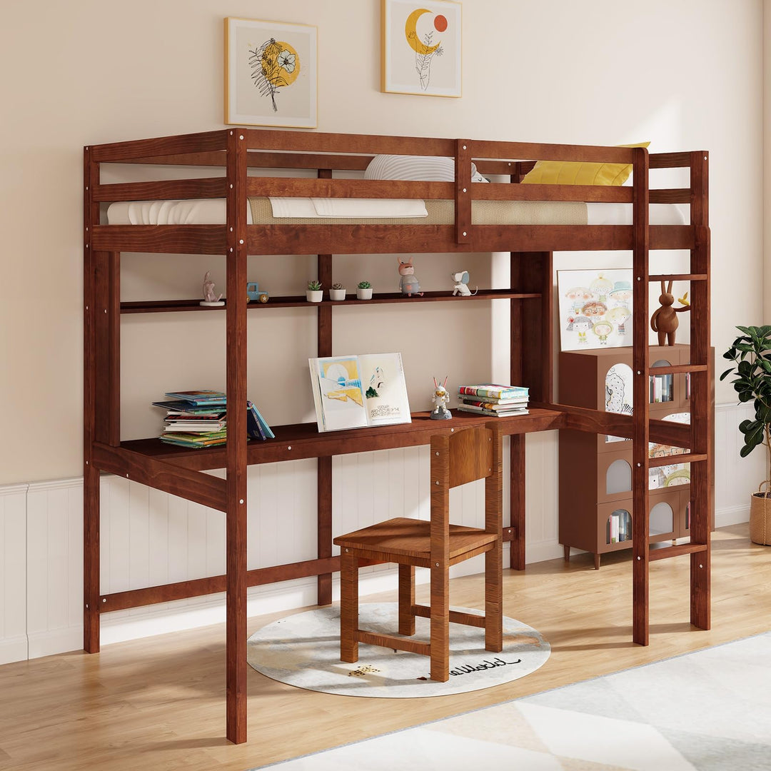 Giantex Twin Loft Bed with Desk and Bookshelf, Wooden Bed Frame with Safety Guardrail &amp; Ladder