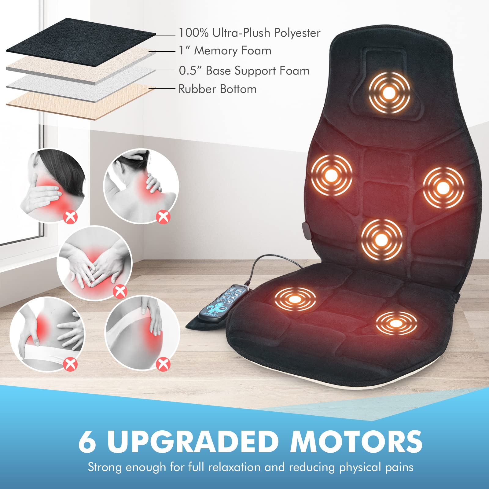 Massage Seat Cushion Back Massager w/ Heat & 6 Vibration Motors for Home