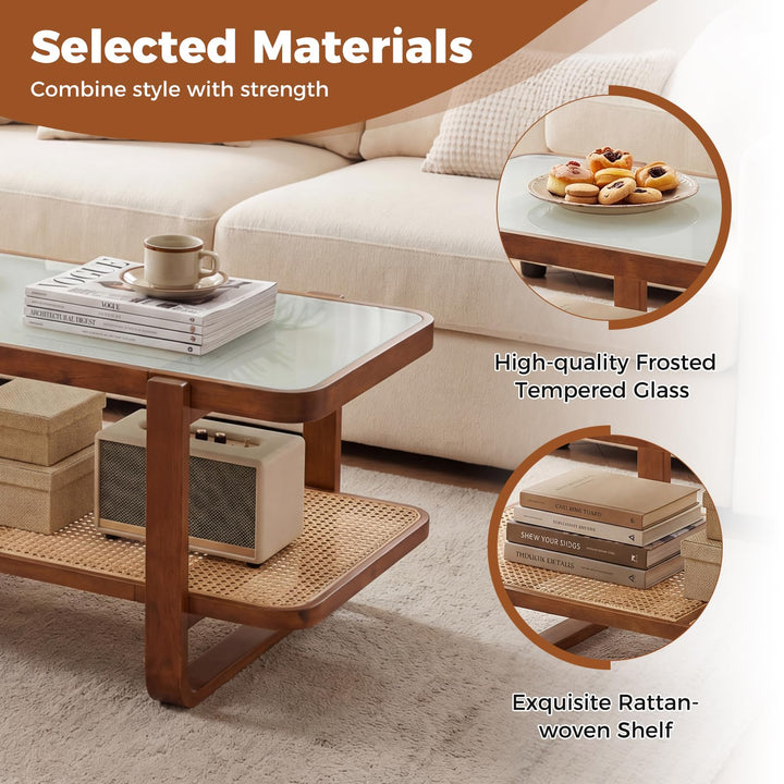 Giantex Rattan Coffee Table | 41.5" Farmhouse Center Table with Storage &amp; Frosted Tempered Glass