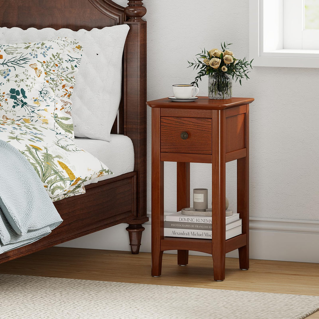 Giantex Narrow End Table with Drawer 23.5" H Side Table w/Open Storage Shelf & Solid Wood Frame