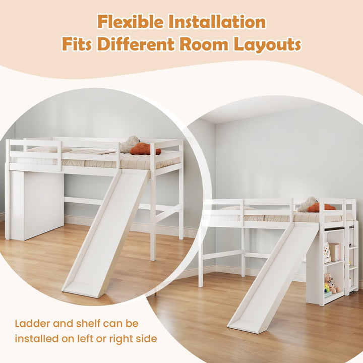 GIANTEX Twin Size Loft Bed with Slide &amp; Under Bed Play Space