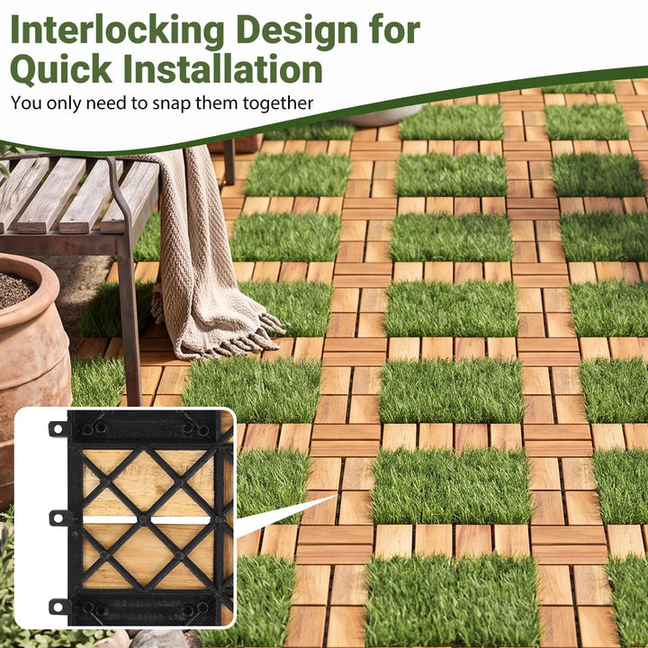 GIANTEX 30 PCS Interlocking Acacia Wood &amp; Artificial Grass Deck Tiles with Drainage Base