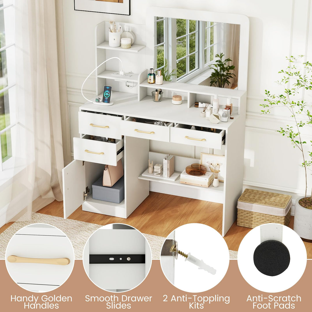 Giantex 39.5 Inch Vanity Desk with Power Outlets and Mirror for Bedroom