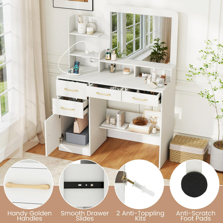 Giantex 39.5 Inch Vanity Desk with Power Outlets and Mirror for Bedroom