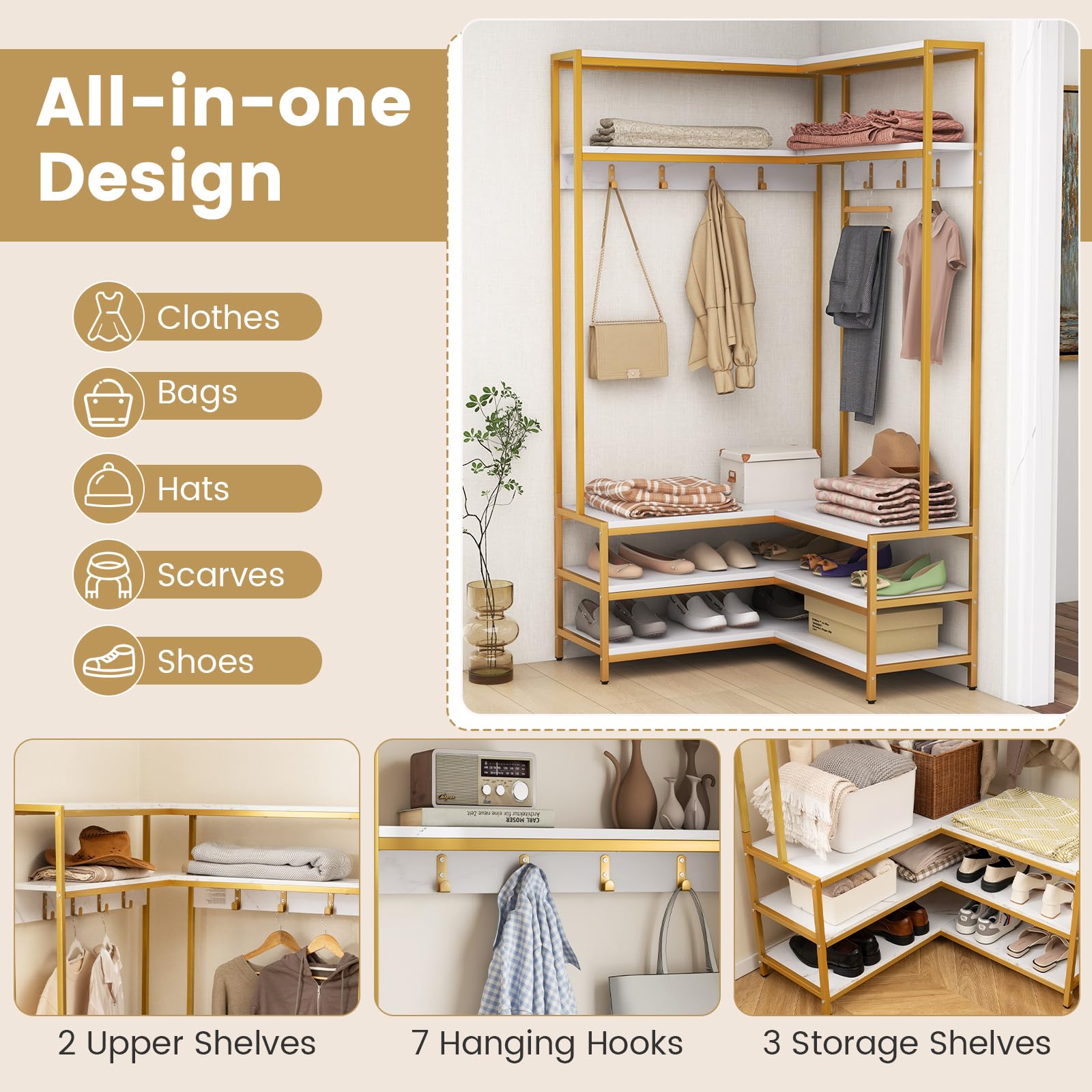 Giantex Corner Coat Rack with Shoe Bench, L-shaped Garment Rack with 5 Shelves & 7 Hooks