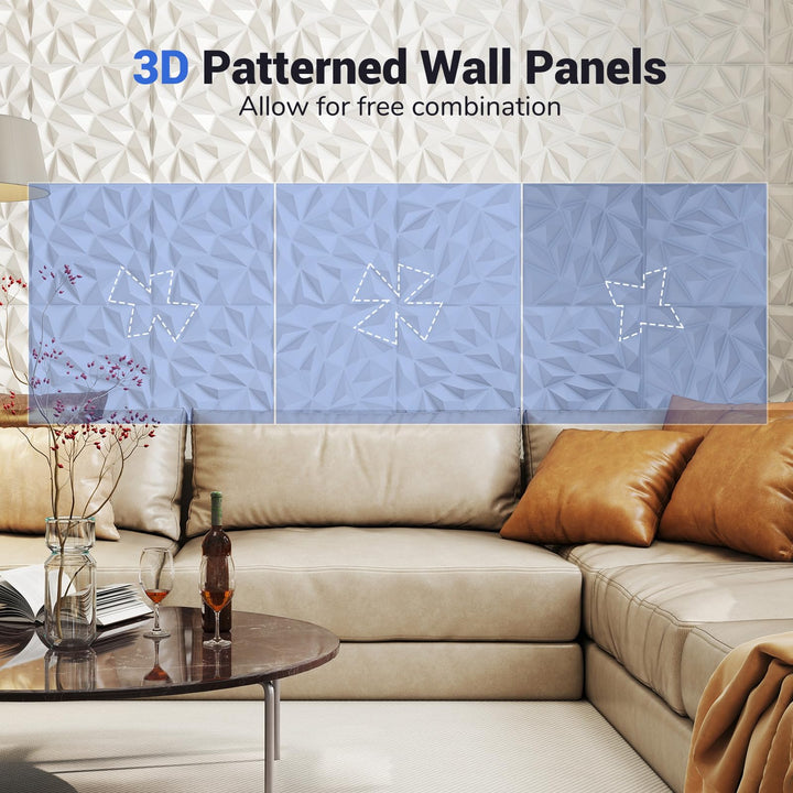 Giantex 3D Wall Panels, 20"x20" White PVC Decorative Wall Tiles with Diamond Pattern