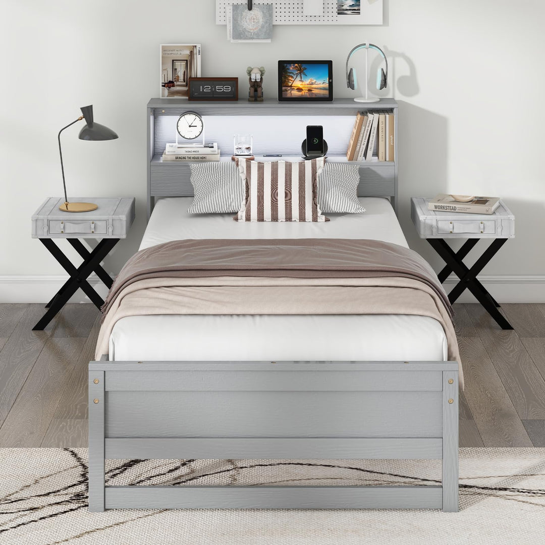 Giantex Twin Bed Frames with Storage Headboard, Wood Platform Bed with Charging Station & LED Light