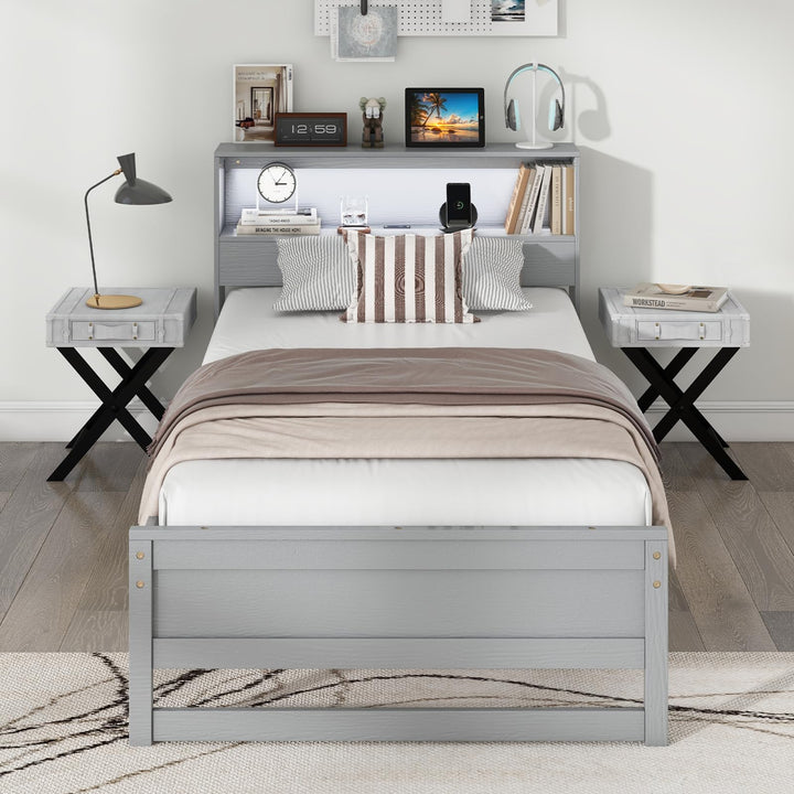 Giantex Twin Bed Frames with Storage Headboard, Wood Platform Bed with Charging Station & LED Light