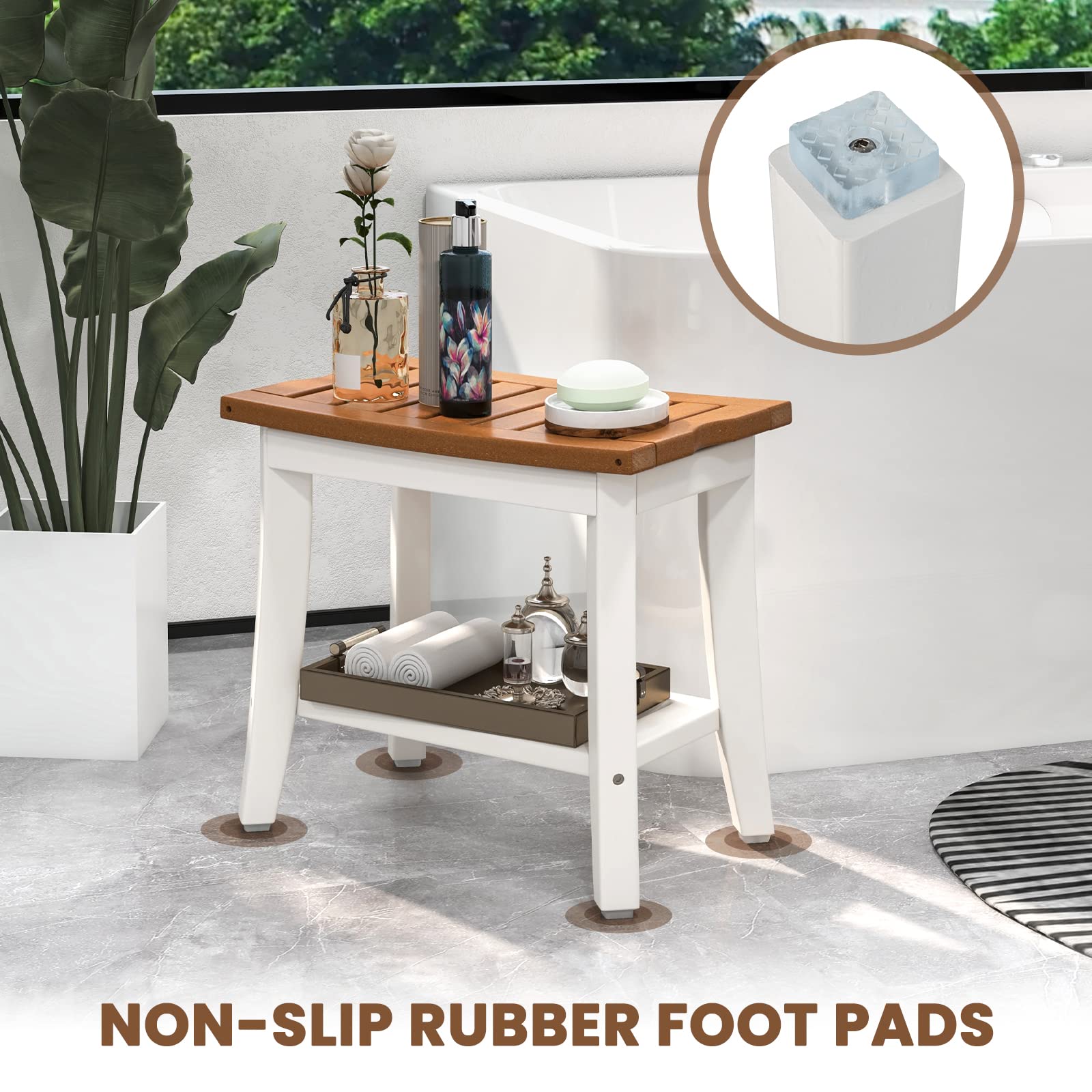 Giantex Shower Bench HDPE Waterproof - Bath Spa Seat with Storage Shelf, Non-Slip Rubber Foot Pads