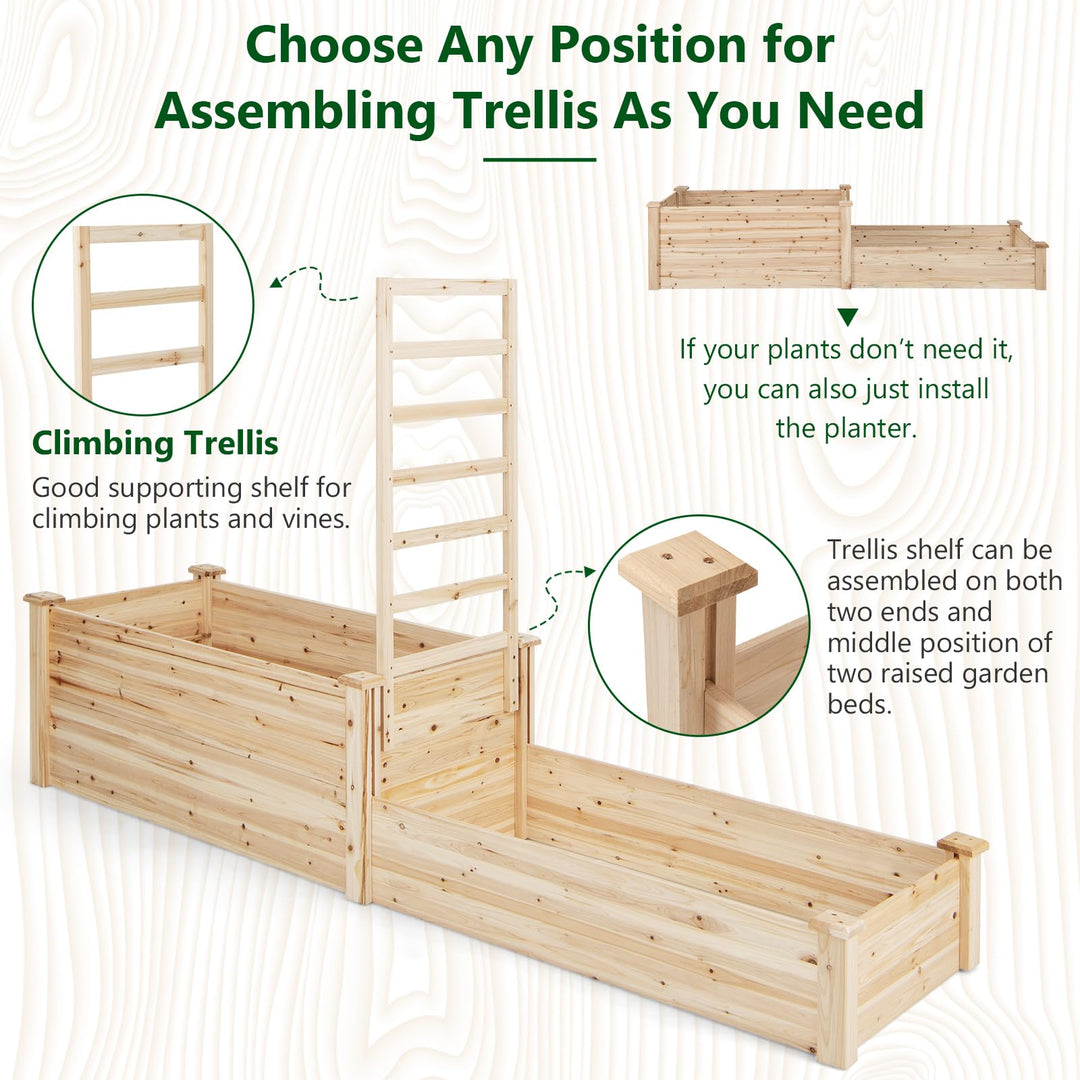 Giantex Raised Garden Bed with Trellis, Set of 2 Wood Shallow & Deep Planter Box for Climbing Plants