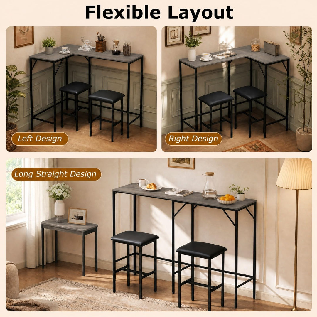3-Piece Convertible L-Shaped Kitchen Table Chair Set with 2 AC Outlets  USB Port and Type-C Port