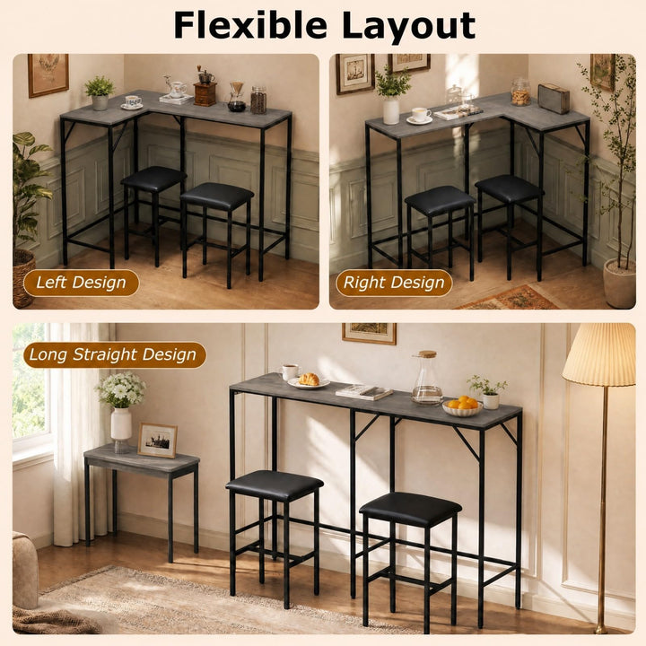 3-Piece Convertible L-Shaped Kitchen Table Chair Set with 2 AC Outlets  USB Port and Type-C Port