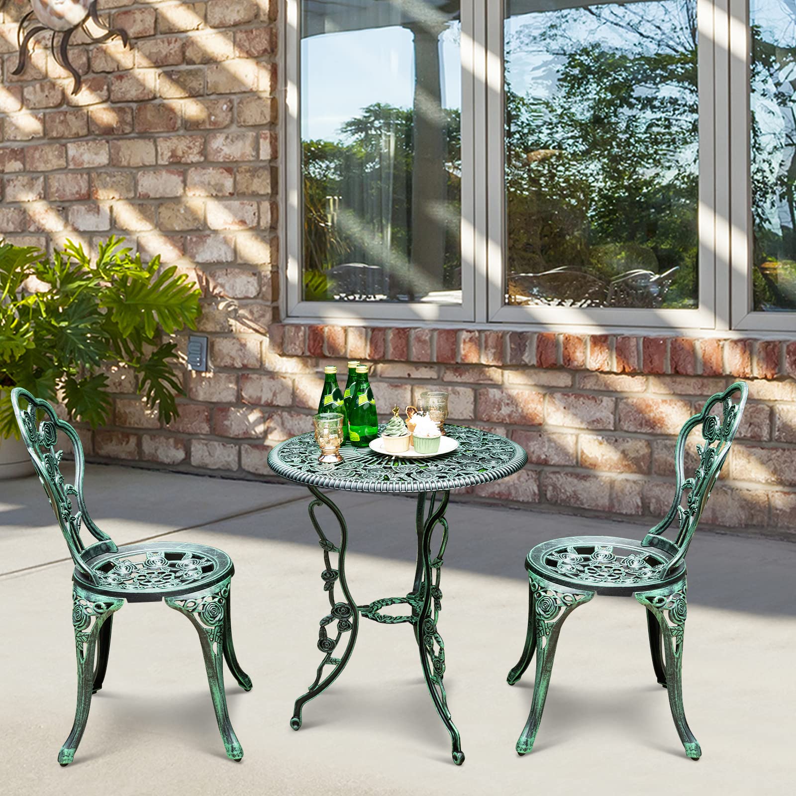 Giantex 3 Piece Bistro Set Cast Rose Design Antique Outdoor Patio Furniture (Rose Design)