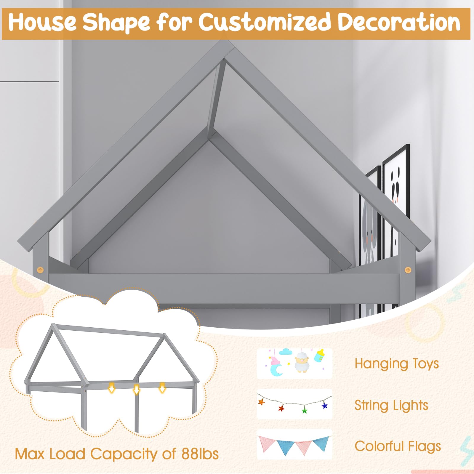 Giantex Twin House Bed, Wood Montessori Bed Frame with House Roof Canopy