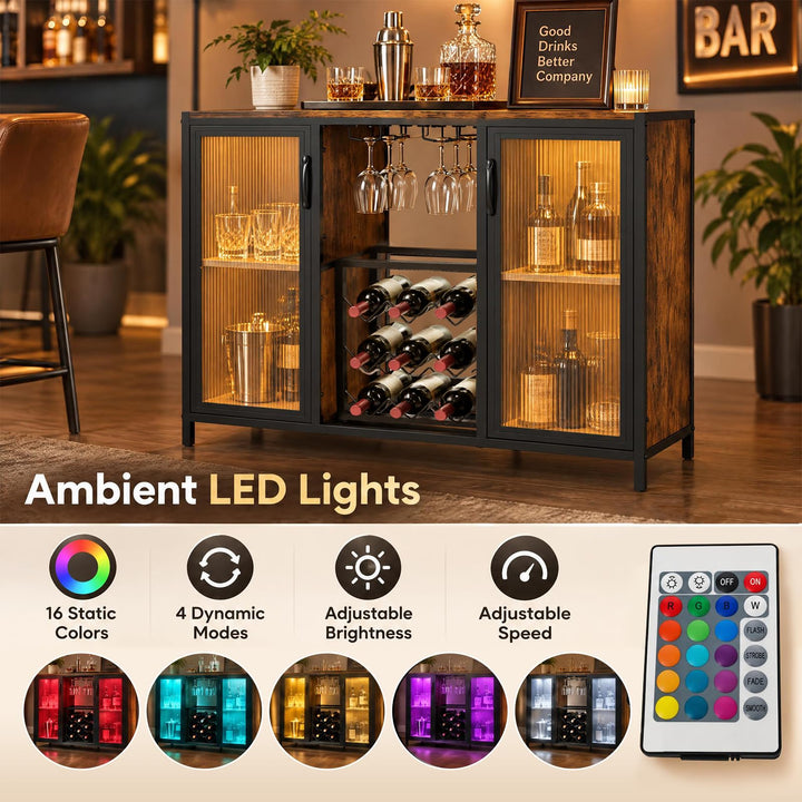 GIANTEX Modern Coffee Bar Cabinet with Wine Racks &amp; LED Lights