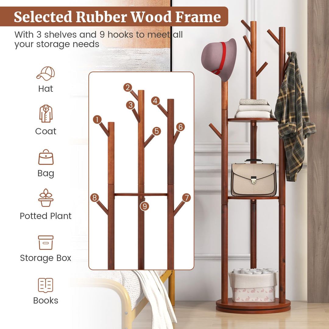 Giantex Coat Rack Freestanding, Wooden Rotary Coat Tree w/ 3 Display Storage Shelves & 9 Hooks