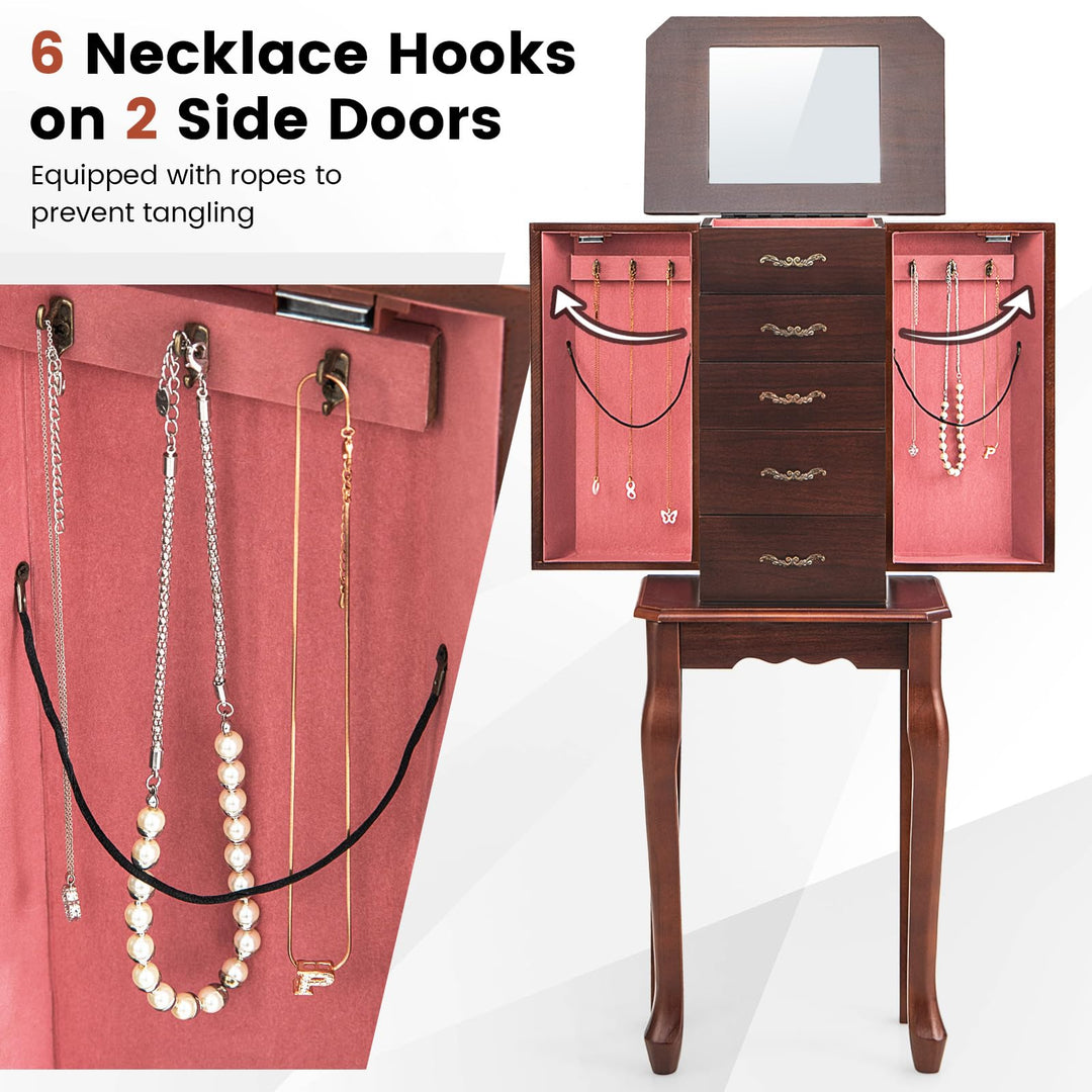 CHARMAID Standing Jewelry Organizer Cabinet with 4 Drawers, Top Storage Tray with Ring Slots, 2 Side Doors