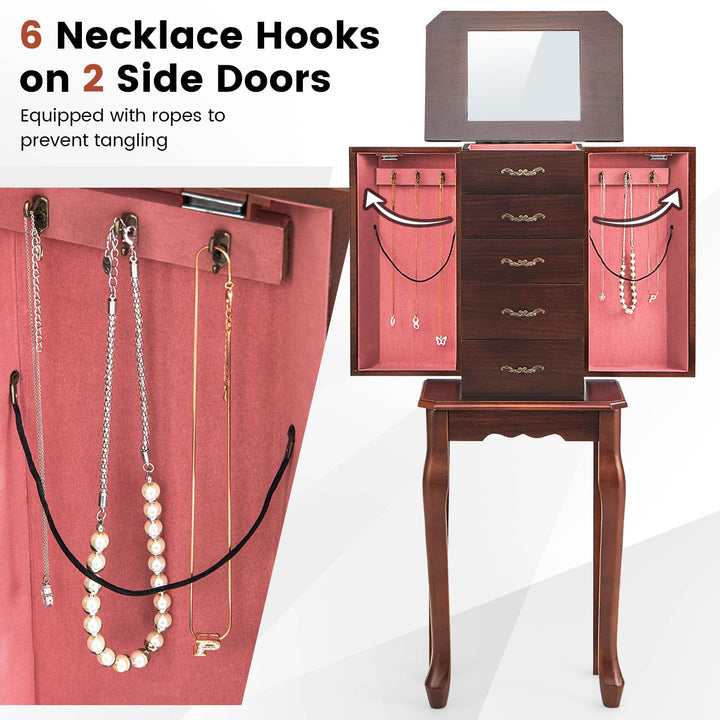 CHARMAID Standing Jewelry Organizer Cabinet with 4 Drawers, Top Storage Tray with Ring Slots, 2 Side Doors