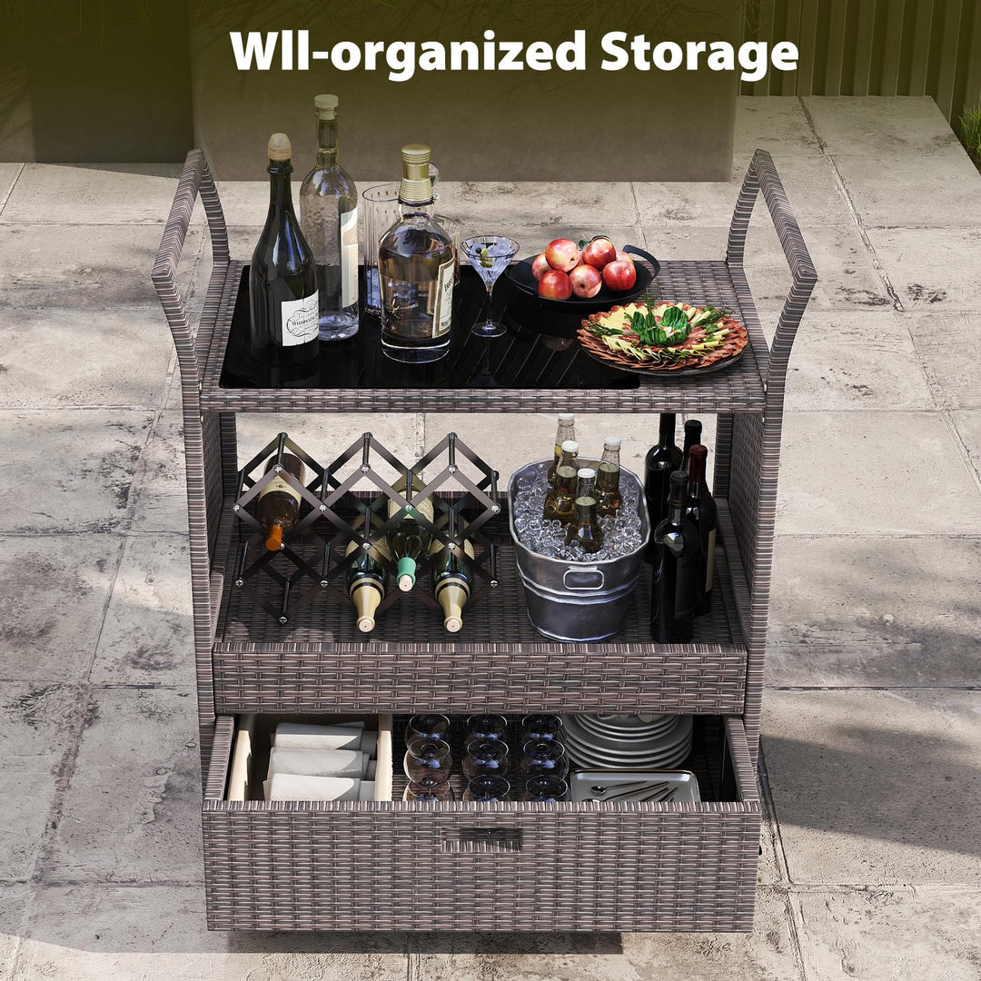 Giantex Rolling Wicker Cart W/Shelves and Big Drawer for Dining Room