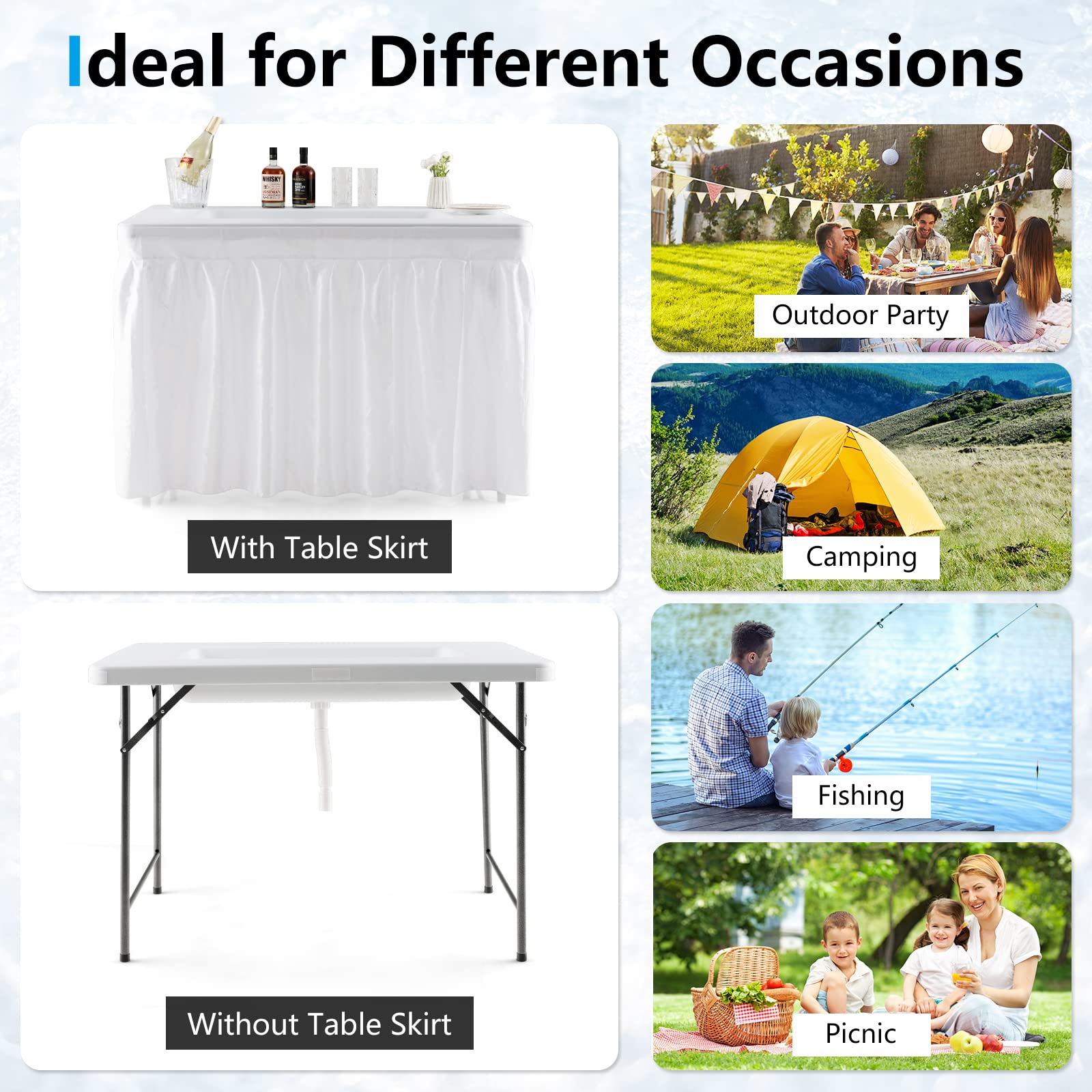Giantex 4Ft Folding Ice Cooler Table with Drain - No Assembly Ice Bin Table with Edge and Removable Matching Skit