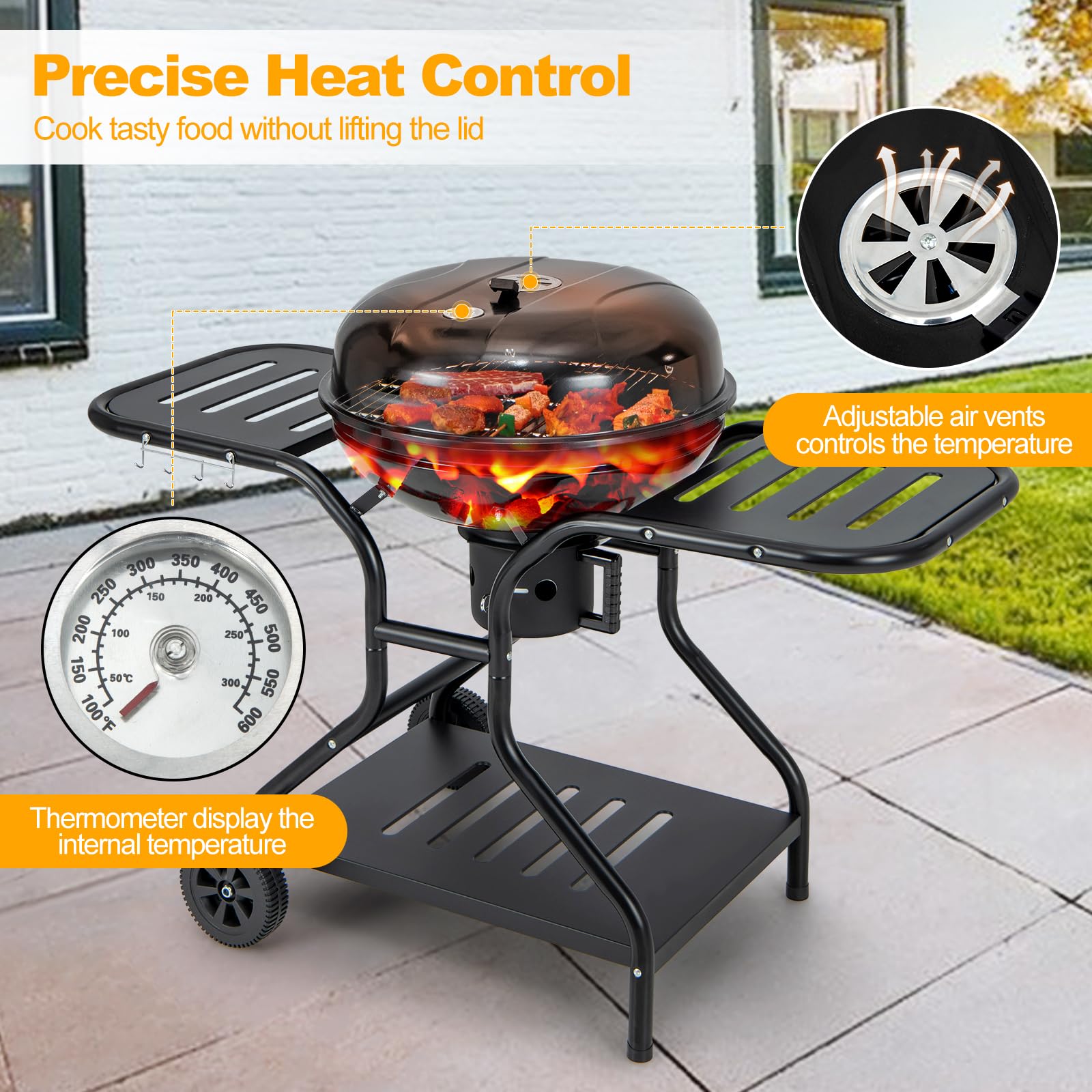 Giantex Kettle Charcoal Grill 22-Inch, Porcelain Enamel Body and Lid, 2 Side Tables with 4 Hooks, Storage Shelf