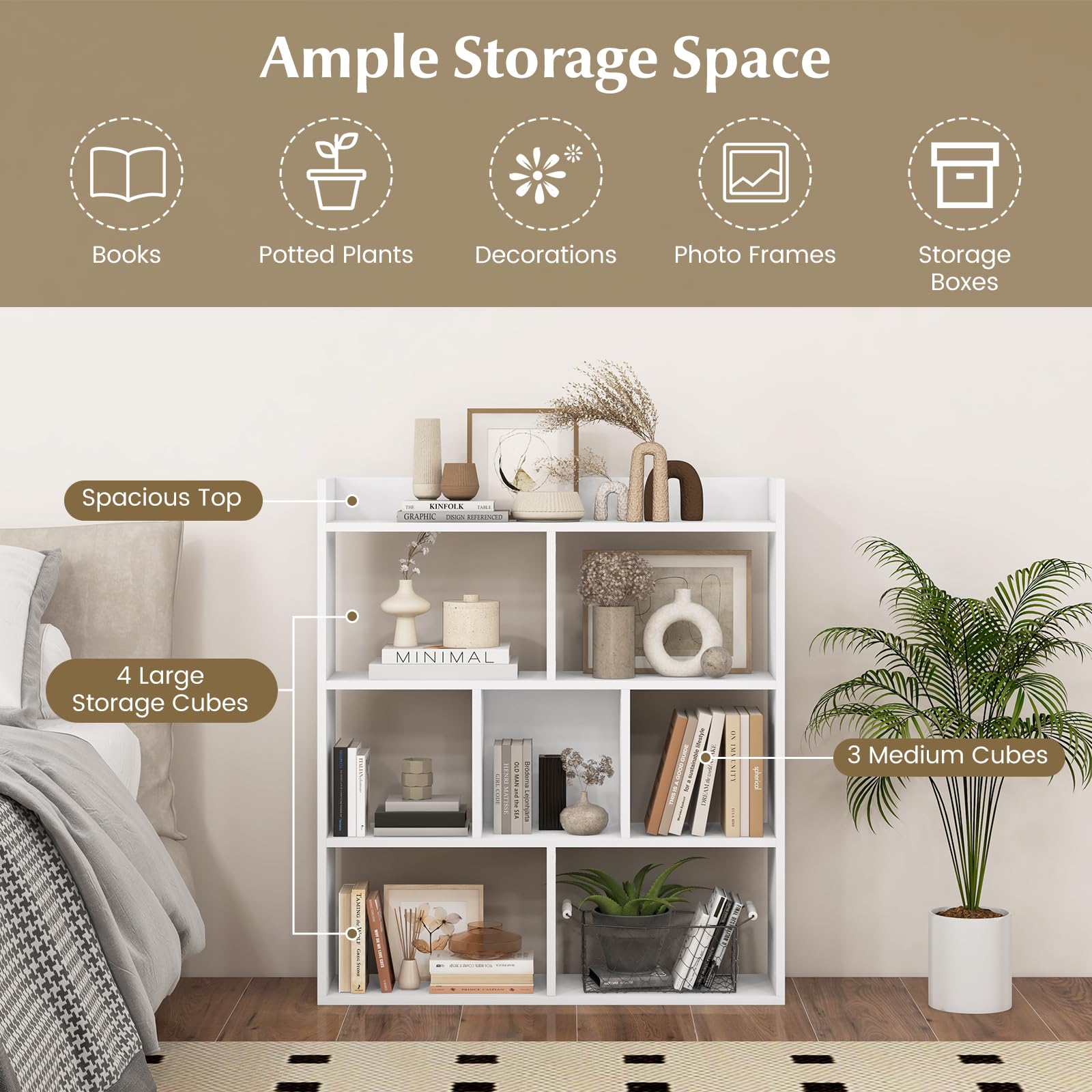 Giantex 7 Cube Bookshelf, Free-standing Wooden Bookcase, 4 Tier Home Display Shelf, Horizontal Storage Unit w/Anti-Toppling Devices