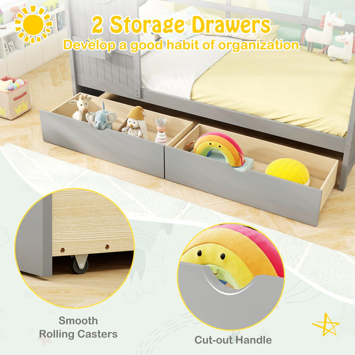 Giantex Twin House Bed with 2 Storage Drawers, Kids Bed Frame with Storage Cubes, Montessori Bed with Fence Guardrails & Roof