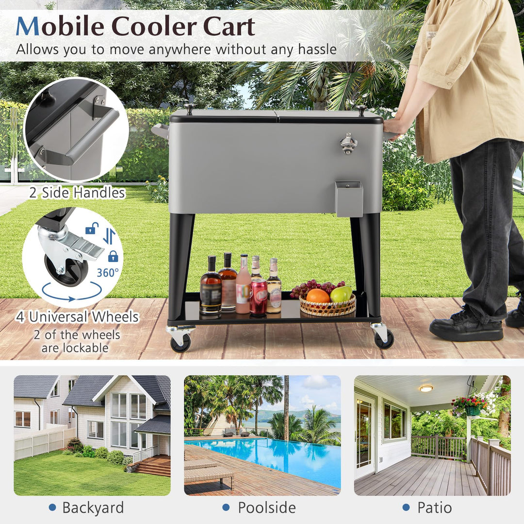 Giantex 80 Quart Rolling Patio Cooler Cart with Bottom Storage Shelf & Drain
