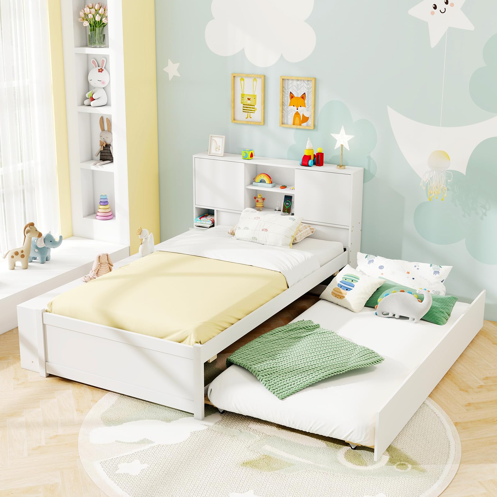 Giantex White Twin Size Bed Frame with Trundle and Bookcase Headboard